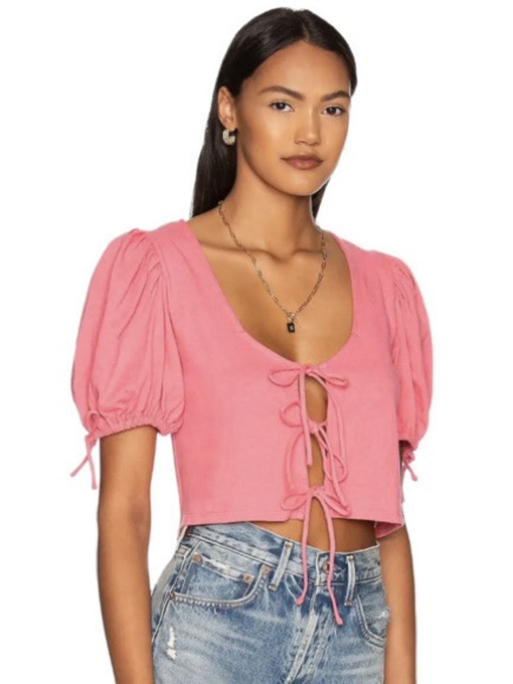 FREE PEOPLE Kitty Tee in Velvet Rose Pink Puff Sleeve Tie-Front Top NWT